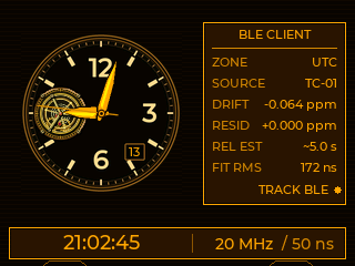 CoreClock BLE client screen with analog dial, UTC zone, source and drift telemetry
